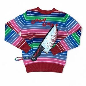 Spirit Halloween Chucky sweater and knife purse